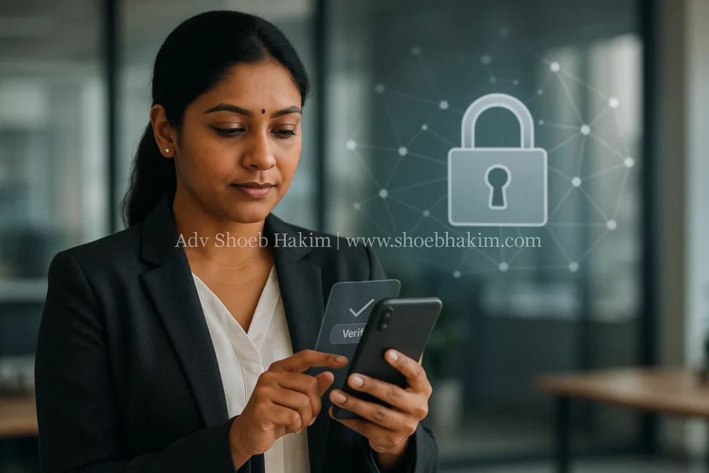 Professional Indian lawyer, Vakilverse, analyzing the DoT SIM-binding mandate for WhatsApp and Telegram on a legal tablet.