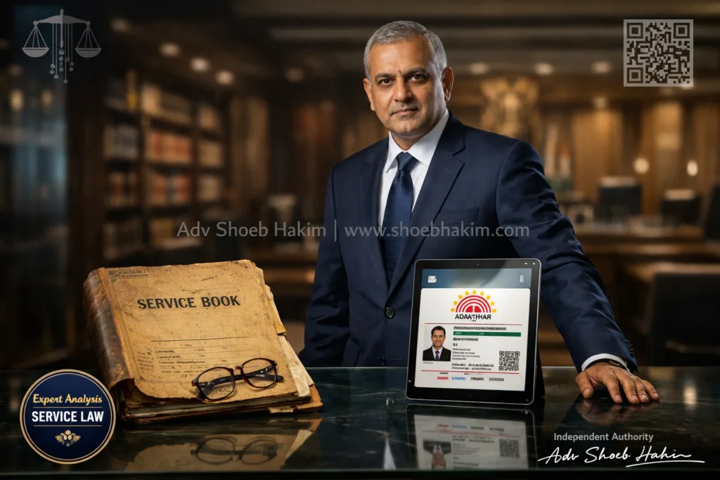 Vakilverse compares an official Service Book against a digital Aadhaar card on a tablet to analyze the MP High Court date of birth proof ruling