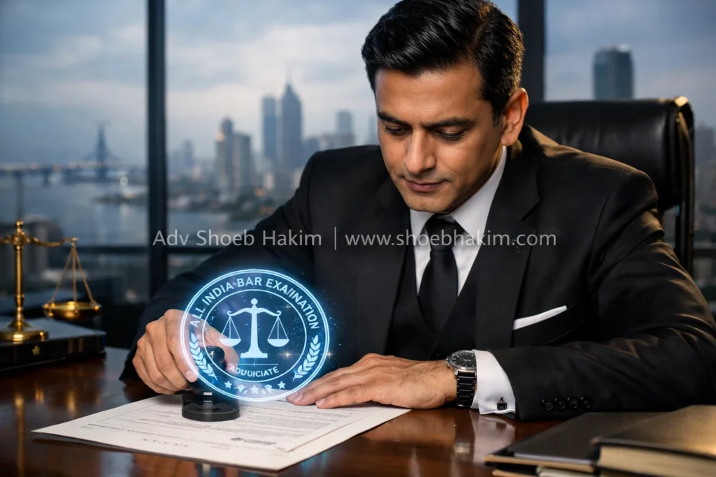 Photo-realistic landscape of an Indian lawyer verifying AIBE credentials on a Vakalatnama illustrating Professional Compliance, curated