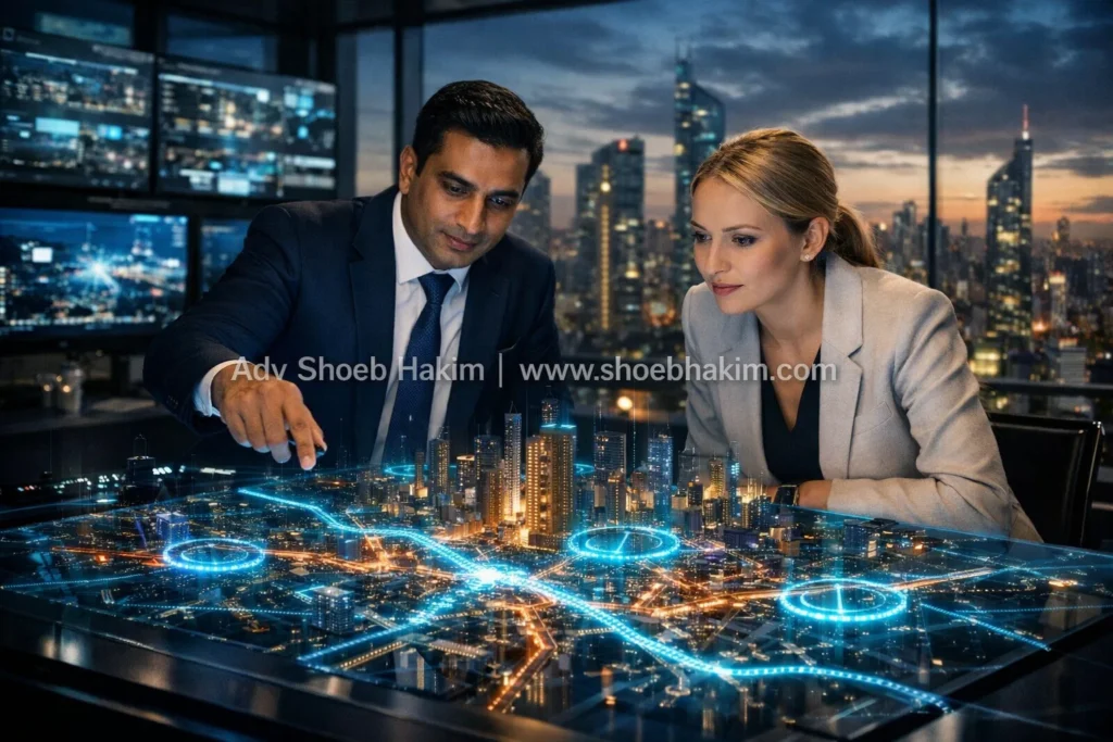 Photo-realistic landscape of Vakilverse analyzing a holographic Byte Patrol command center for modern policing.