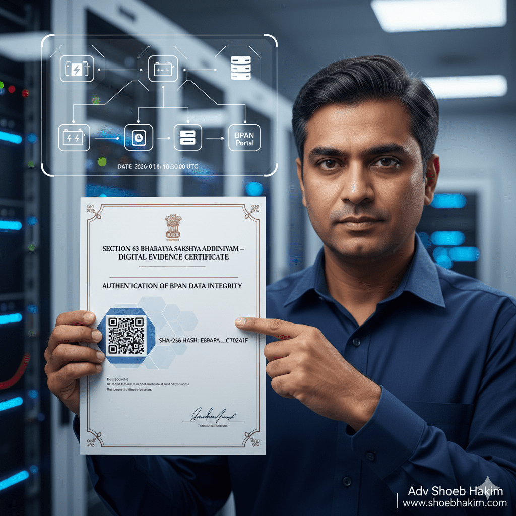 A clean-shaven Indian male legal technology expert in a modern server room holding a 'Section 63 Bharatiya Sakshya Adhiniyam' certificate. A digital HUD overlay shows the battery pack data flow from manufacturing to the BPAN portal with SHA-256 hashing.