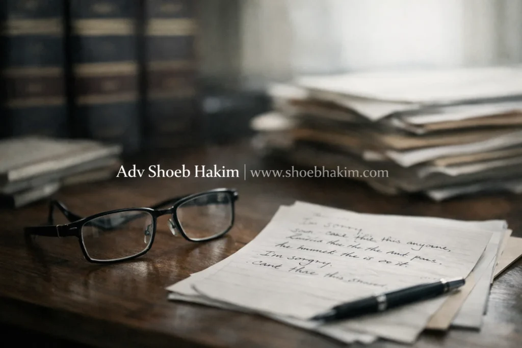 A thoughtful, rear-view portrait of a man sitting at an office desk, looking out a window. The reflection shows a tired expression, with legal files and a teacup on the desk, symbolizing workplace stress and internal struggle