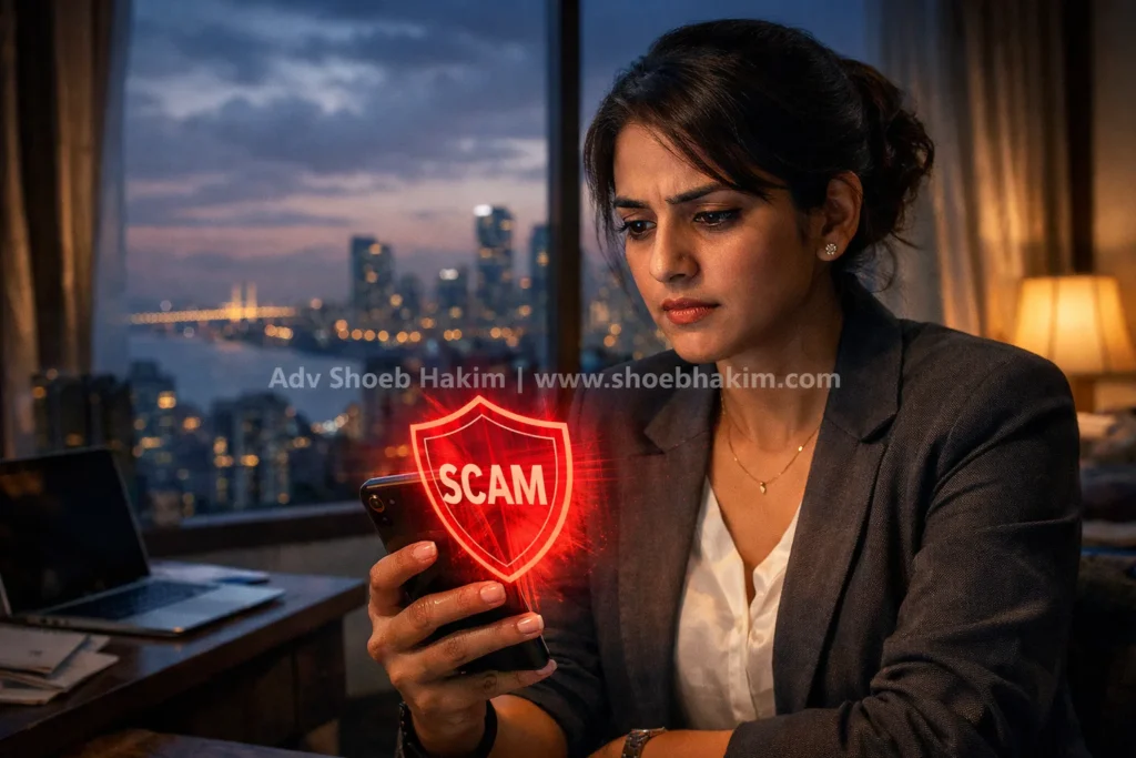 Photo-realistic landscape of an Indian woman practicing digital hygiene against credit card limit upgrade scams, curated.