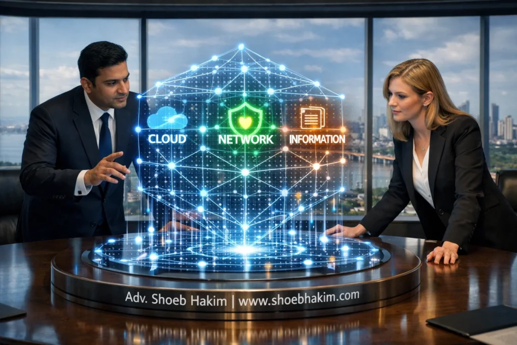 Vakilverse analyzing a 3D Cybersecurity Framework illustrating Digital Protection.