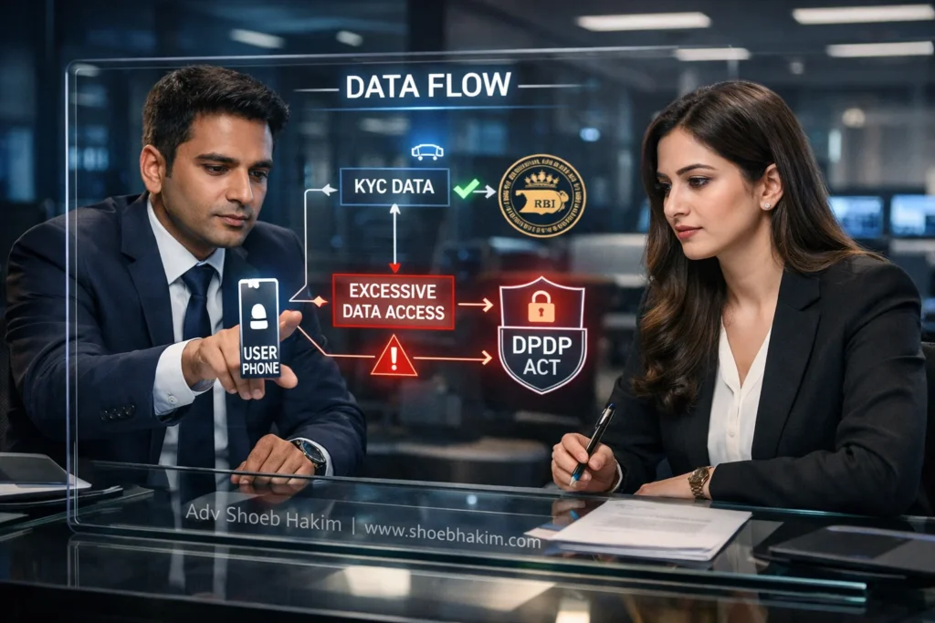 Vakilverse analysis visualized: Compliance and legal professionals in India strategizing over data flow maps to prevent misuse in digital lending, adhering to RBI and DPDP Act rules.