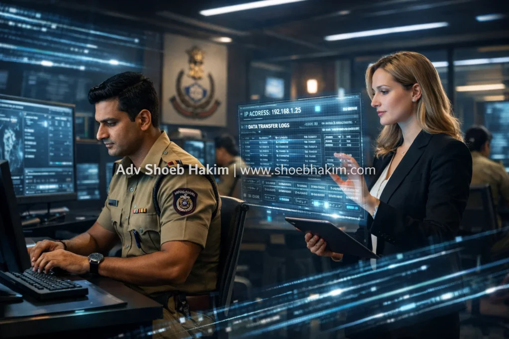 Photo-realistic scene of an Indian Investigating Officer documenting digital FIR parameters, curated.