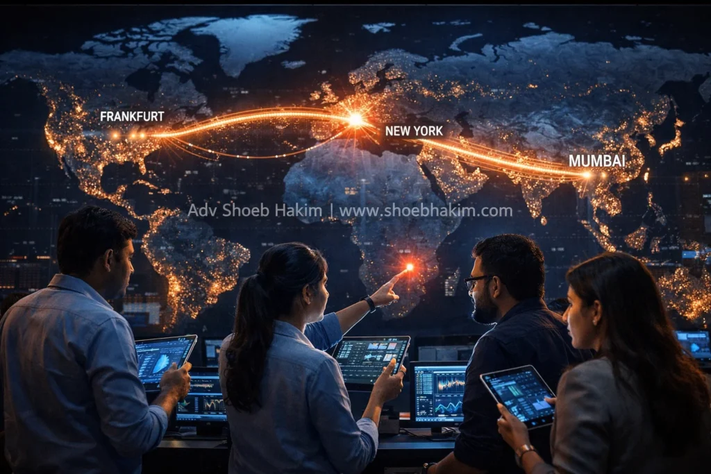 A hyper-realistic global financial control room monitoring EU AMLA and NACHA 2026 data flows, analysis.