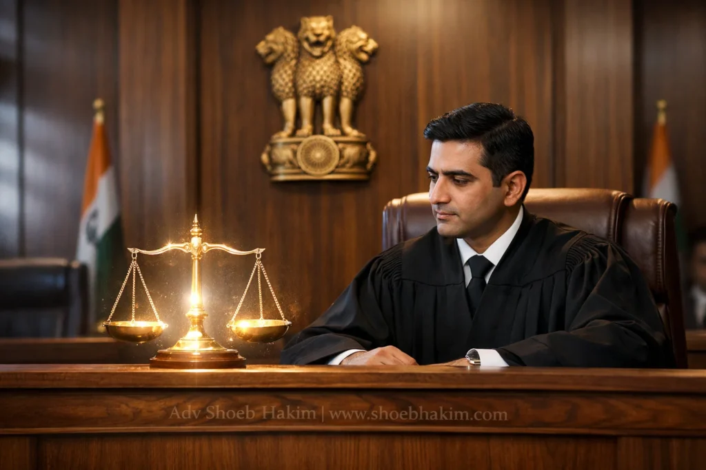 Photo-realistic landscape of an Indian Judge protected by a geometric light shield illustrating Article 235 protections, curated.