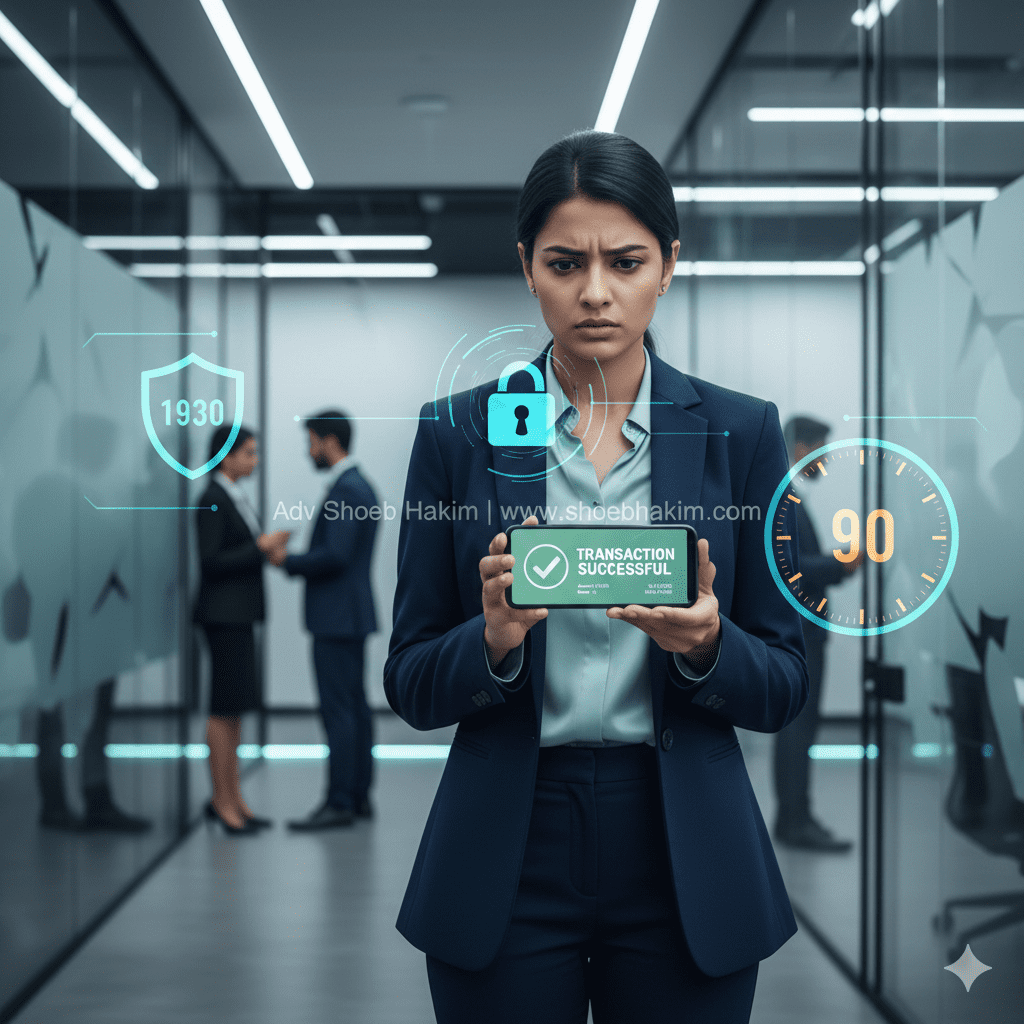 Vakilverse analysis of MHA's new SOP: A concerned professional sees a fraudulent transaction on phone, with digital icons for helpline 1930, security lock, and 90-day countdown clock overlaid.
