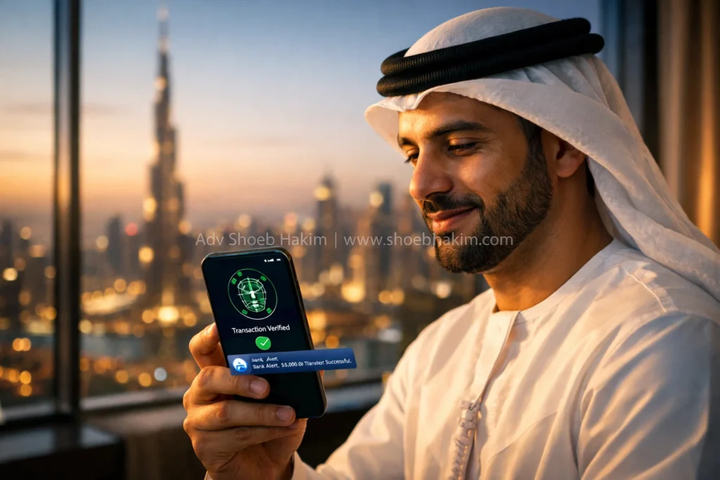 Photo-realistic landscape of an Emirati resident using biometric Face ID authentication on a smartphone to approve a bank transaction, illustrating the UAE SMS OTP phase-out, curated.