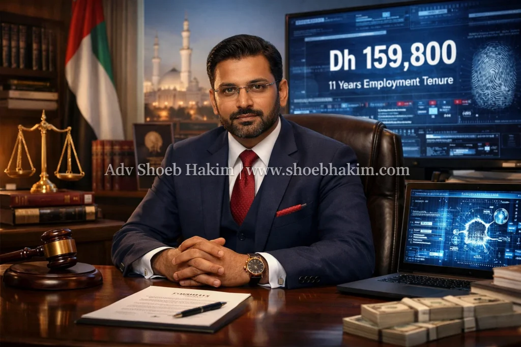 Vakilverse analyzing the Abu Dhabi Labour Court ruling of Dh159,800 on a digital holographic display, representing legal-tech and UAE employment compliance expertise.