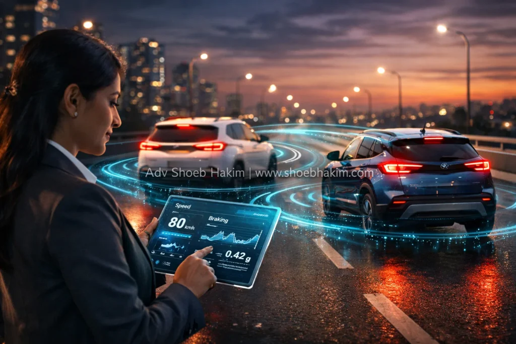 A photo-realistic landscape of modern Indian vehicles communicating via radio signals (V2V) on a highway, illustrating the Wireless Car-Talk safety shield and telematics evidence analysis.