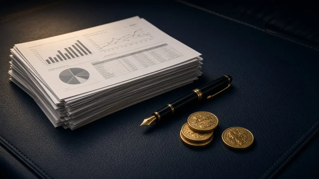 Financial documents, a fountain pen and coins on a desk